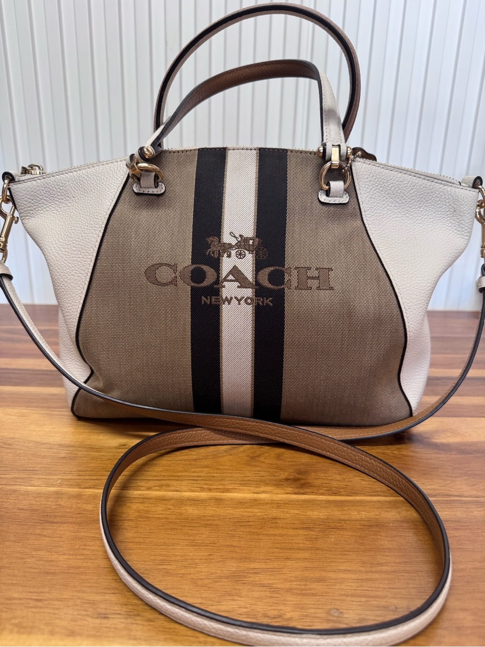 Coach prairie satchel horse and carriage varsity stripe crossbody leather